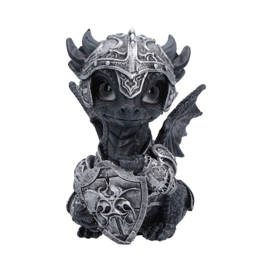 Sir Shieldscale Armoured Dragon Figurine - front with ornate shield and silver-coloured helmet