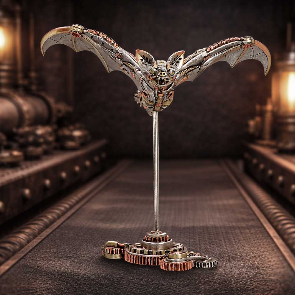 Nocturne Machina Steampunk Bat Figurine - mechanical bat displayed in a dark workshop setting