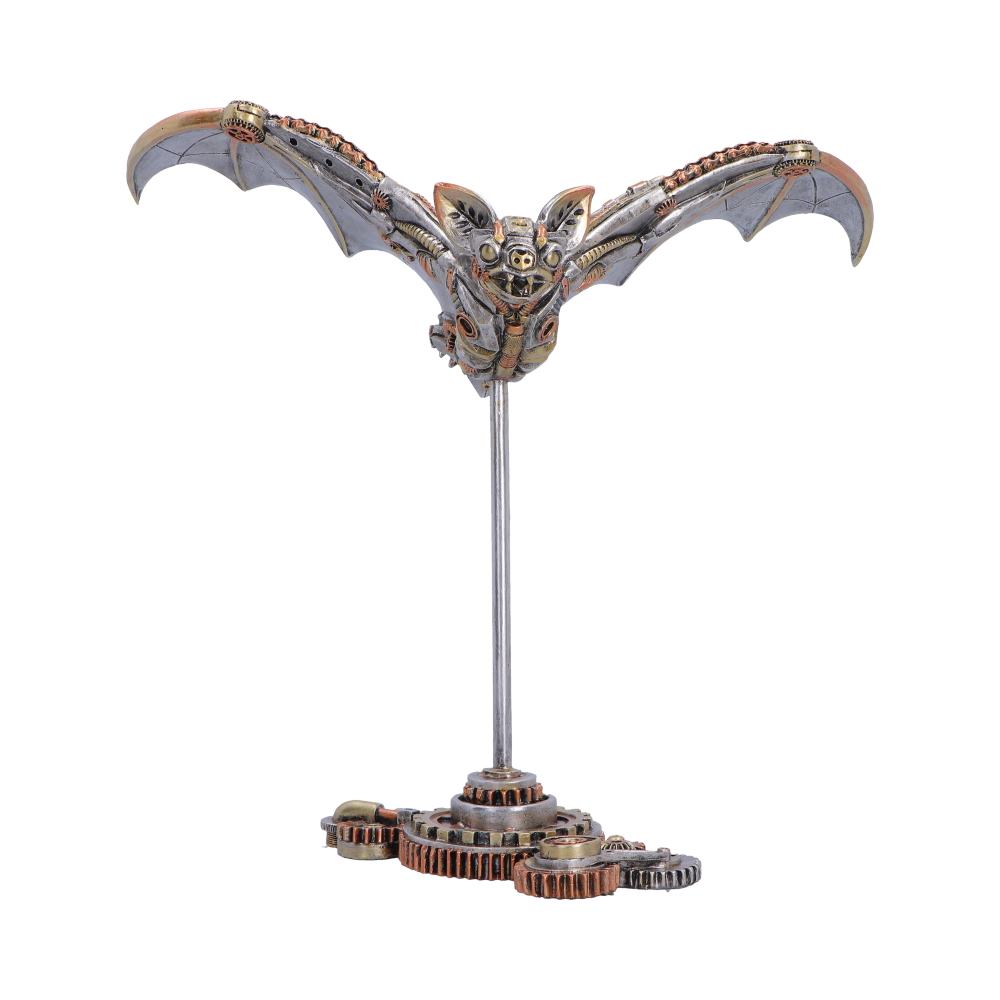 Nocturne Machina Steampunk Bat Figurine - front with mechanical bat above gear-effect base
