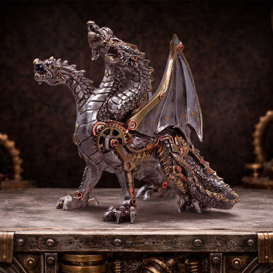 Cogwork Trinity Three-Headed Steampunk Dragon - mechanical dragon displayed in a workshop setting