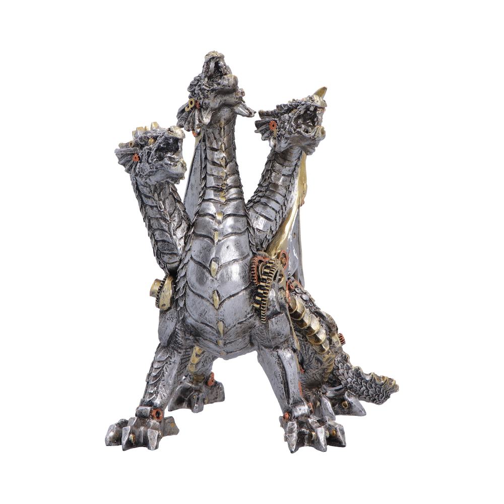 Cogwork Trinity Three-Headed Steampunk Dragon - front with three dragon heads and mechanical belly plates