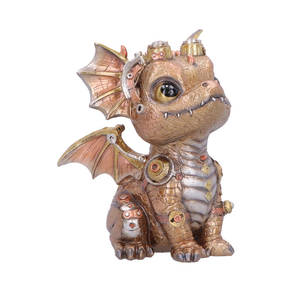 Coglet Gold Steampunk Dragon Figurine - angled face and mechanical details