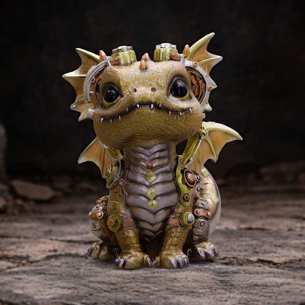 Coglet Gold Steampunk Dragon Figurine - gold-toned Coglet on a dark stone display