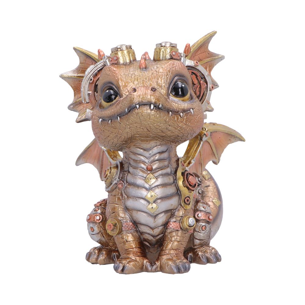 Coglet Gold Steampunk Dragon Figurine - front showing gold-toned seated dragon and goggles