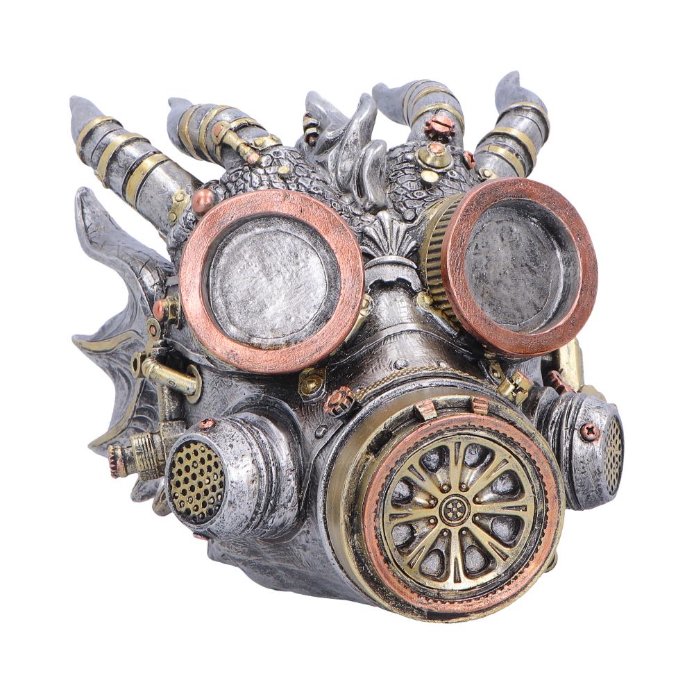 Masked Sentinel Steampunk Dragon Mask Ornament - front showing circular lenses and gear-like filter