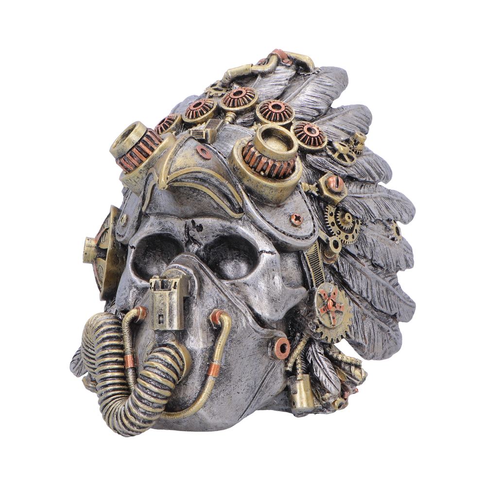 Cogwork Chief Steampunk Feather Skull Ornament - angled skull with gears among the feathers