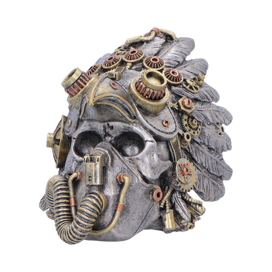 Cogwork Chief Steampunk Feather Skull Ornament - angled skull with gears among the feathers