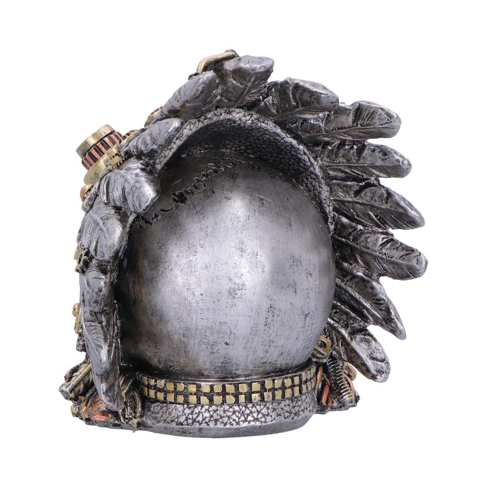 Cogwork Chief Steampunk Feather Skull Ornament - rear showing hollow reverse and headdress edges