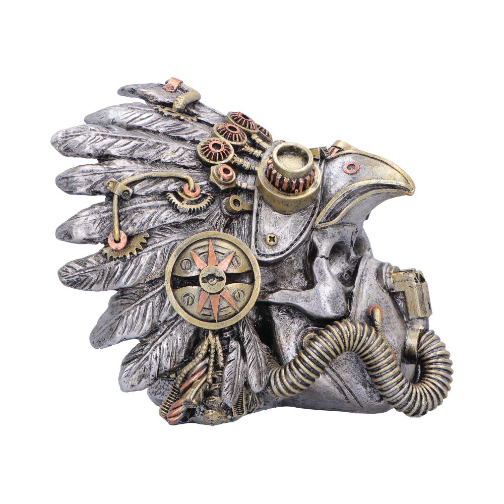 Cogwork Chief Steampunk Feather Skull Ornament - side showing beak-like motif and mechanical fittings