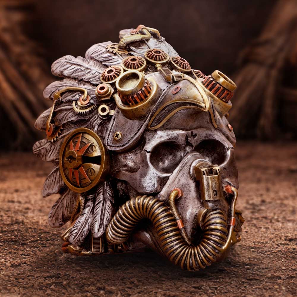 Cogwork Chief Steampunk Feather Skull Ornament - feathered steampunk skull in a workshop display