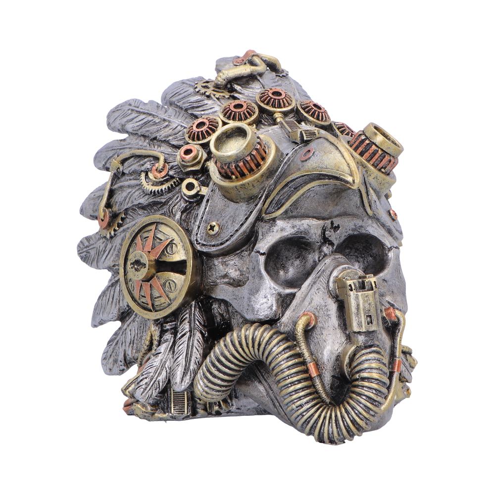 Cogwork Chief Steampunk Feather Skull Ornament - front with feathered headdress and curled face pipes
