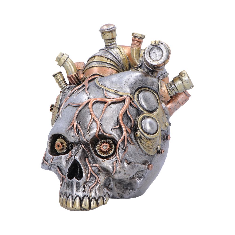 Cardiac Cranium Silver Steampunk Skull Ornament - angled skull with copper-coloured lines and gears