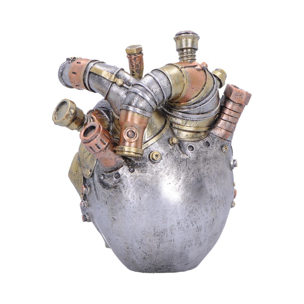 Cardiac Cranium Silver Steampunk Skull Ornament - rear showing rounded heart-like form and pipes