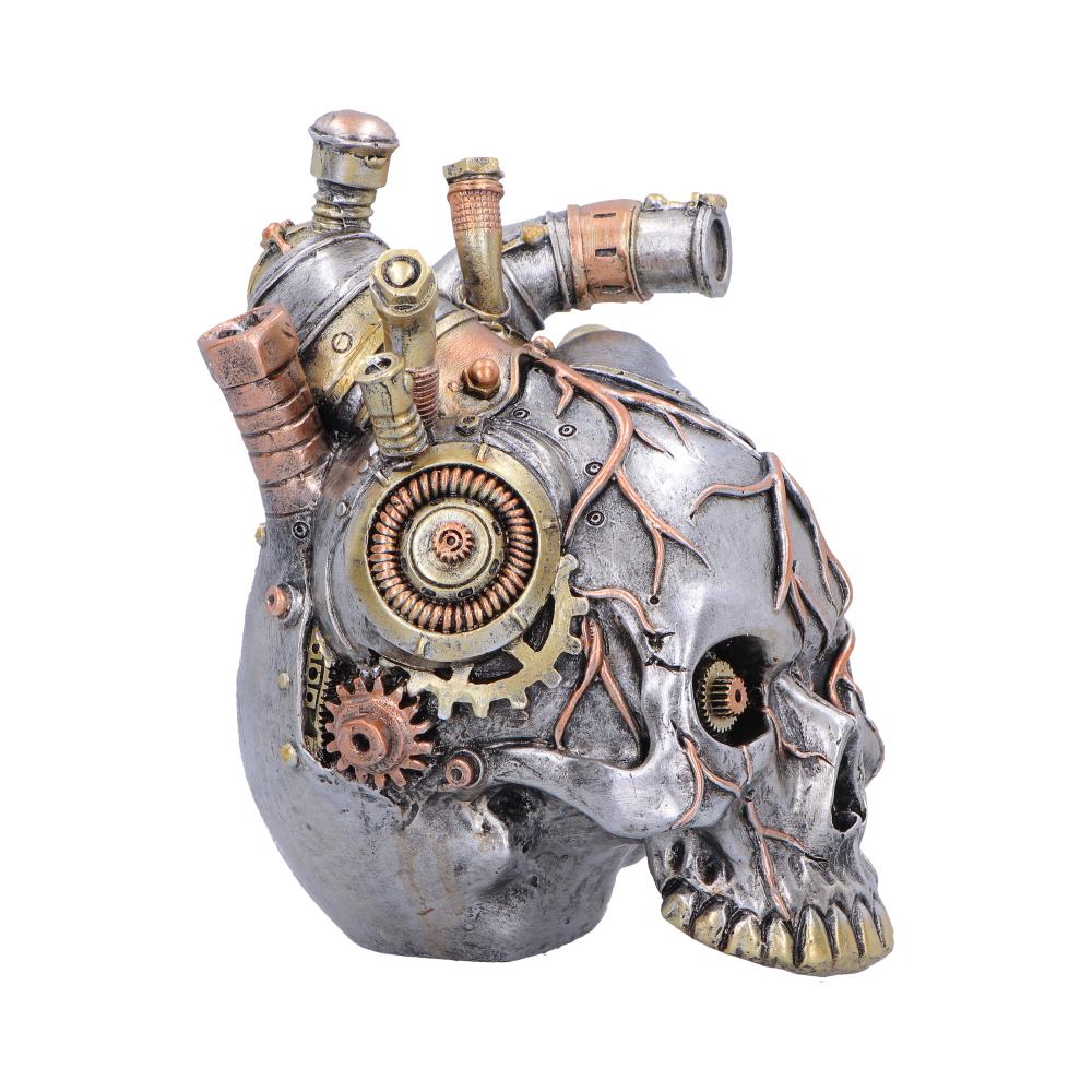 Cardiac Cranium Silver Steampunk Skull Ornament - side showing mechanical fittings and silver-grey finish