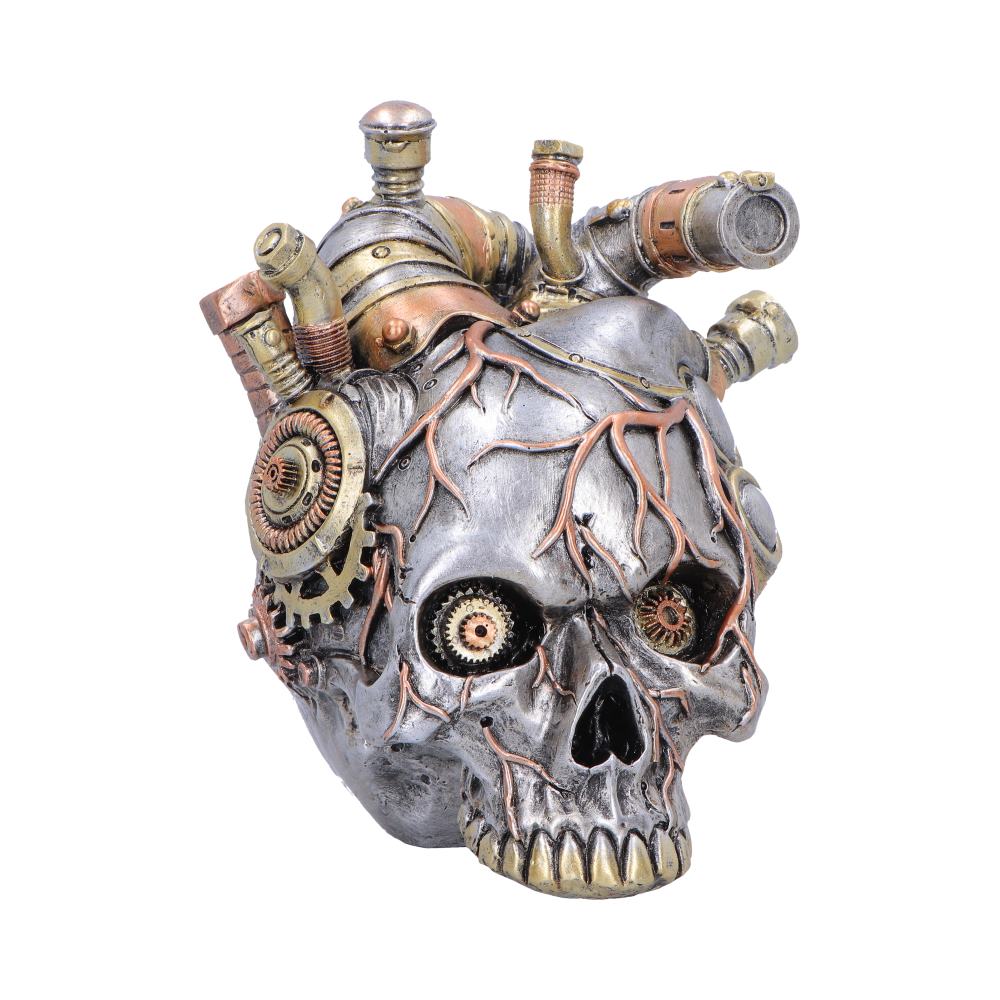 Cardiac Cranium Silver Steampunk Skull Ornament - front showing skull face and pipes above heart-shaped body