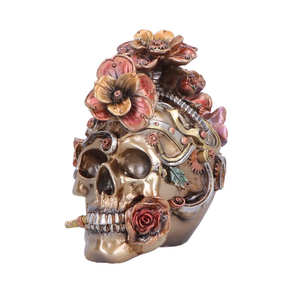 Clockwork Bloom Bronze Steampunk Skull Ornament - angled face with rose held between teeth