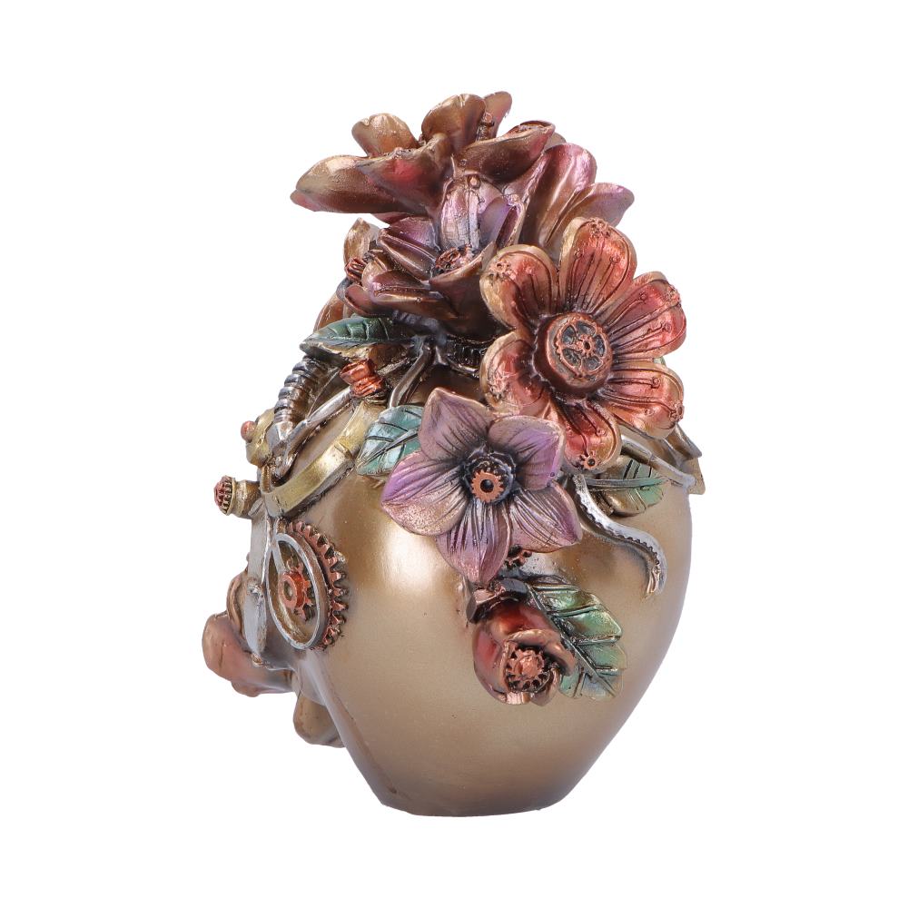 Clockwork Bloom Bronze Steampunk Skull Ornament - rear showing flowers, stems and gears