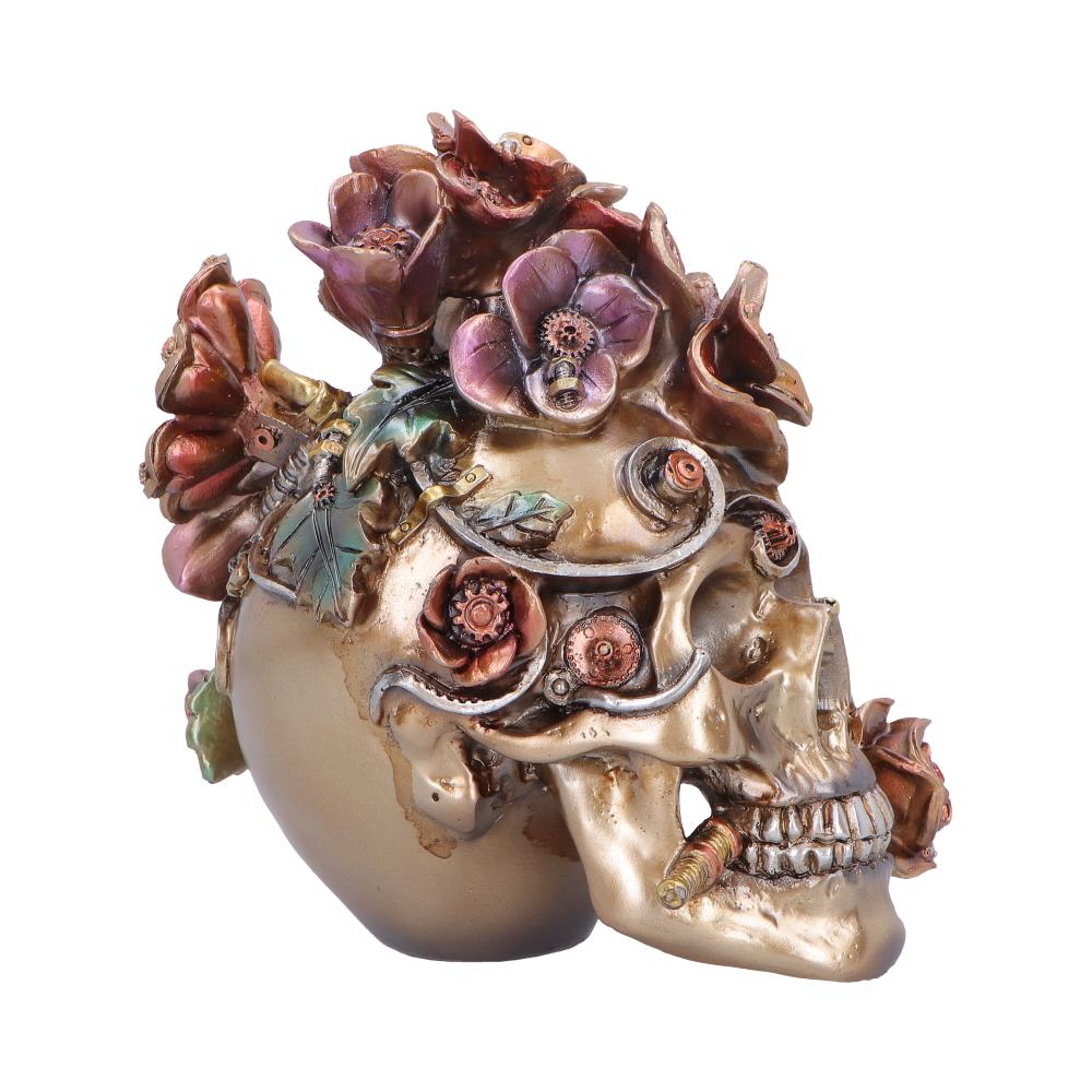Clockwork Bloom Bronze Steampunk Skull Ornament - side showing floral crown and bronze-toned finish