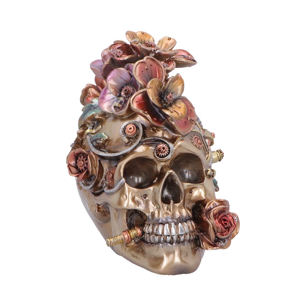 Clockwork Bloom Bronze Steampunk Skull Ornament - front with bronze-toned skull and red flowers