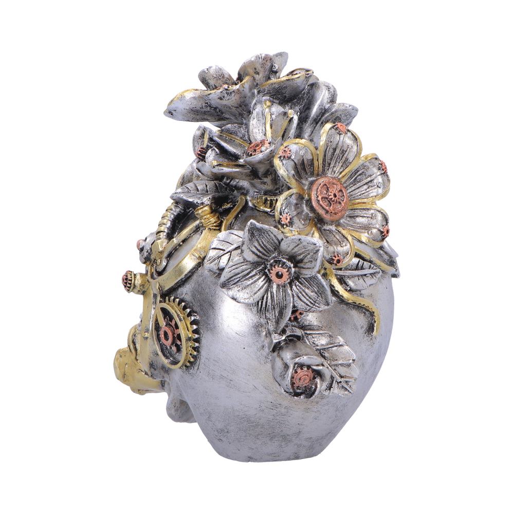Clockwork Bloom Silver Steampunk Skull Ornament - rear showing silver-coloured petals and stems