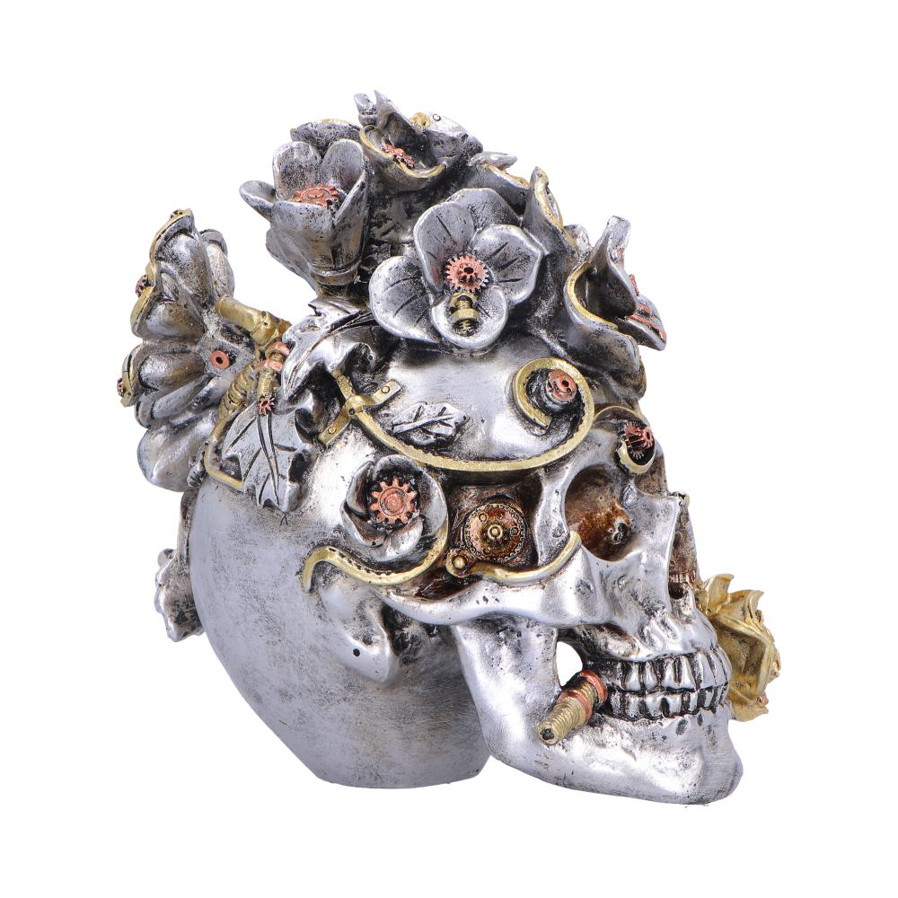 Clockwork Bloom Silver Steampunk Skull Ornament - side with gold-toned rose at the mouth