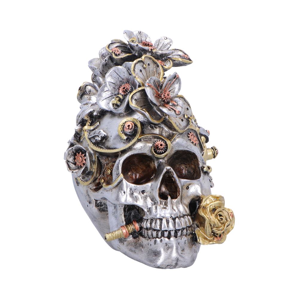 Clockwork Bloom Silver Steampunk Skull Ornament - front with silver-coloured skull and gold-toned rose