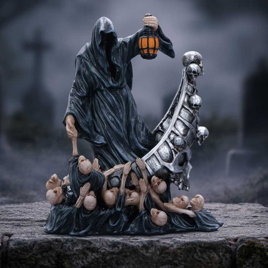 Final Passage Grim Reaper Charon figurine in a boat with skeletal souls and gothic lantern by Nemesis Now