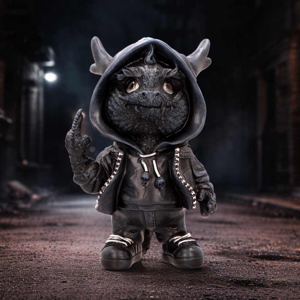 Playing with Fire Rebellious Dragon Figurine - hoodie-wearing dragon in a dark urban display