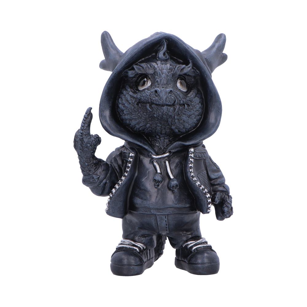 Playing with Fire Rebellious Dragon Figurine - front showing black hoodie and raised middle finger