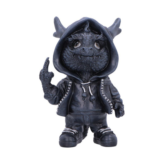 Playing with Fire Rebellious Dragon Figurine - front showing black hoodie and raised middle finger