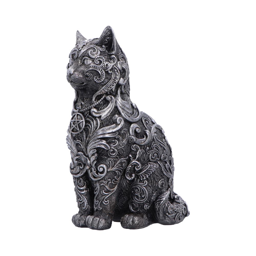 Hexbound Familiar Silver Cat Figurine - angled face with raised swirling patterns
