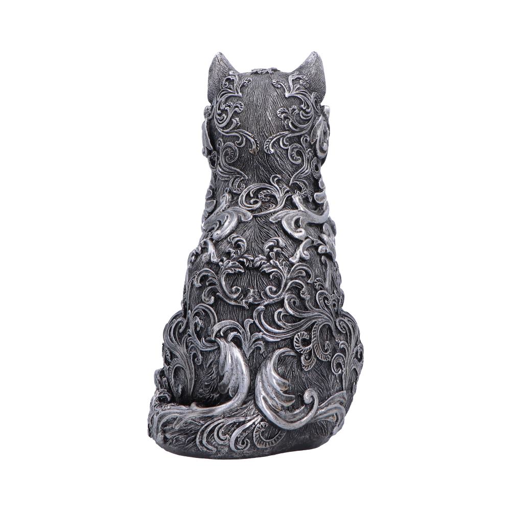 Hexbound Familiar Silver Cat Figurine - rear showing curled motifs and tail