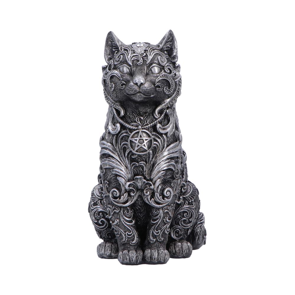 Hexbound Familiar Silver Cat Figurine - front showing seated silver-grey cat and pendant