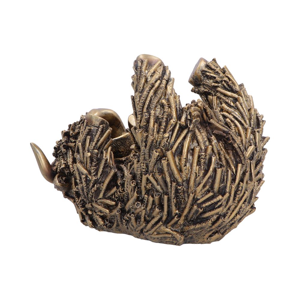 Gold Highland Cow Guzzler Wine Holder - angled view of the shaggy sculpted coat and upward-facing head