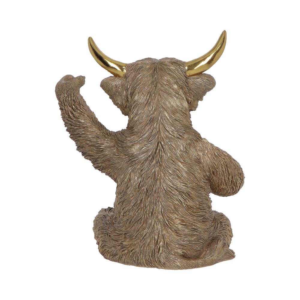 Gold Highland Cow Wine Bottle Holder - rear showing shaggy fur and horns