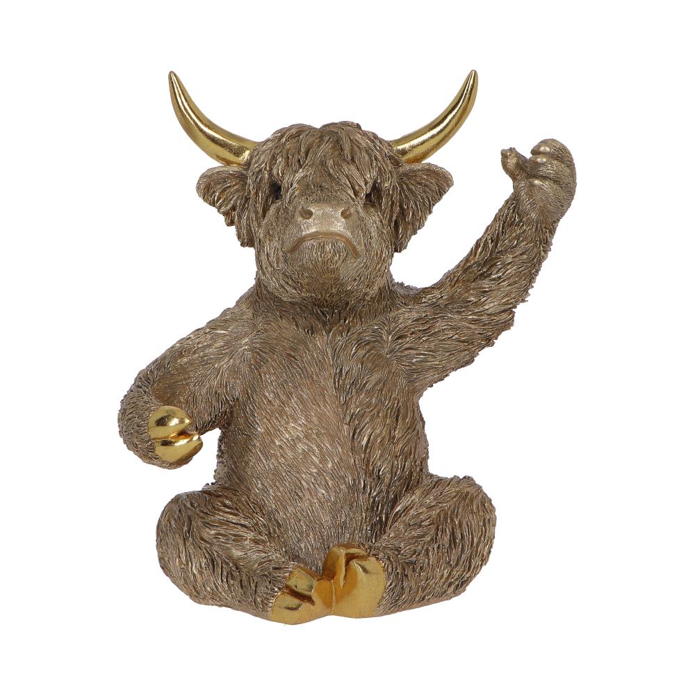 Gold Highland Cow Wine Bottle Holder - front showing cross-legged gold-toned cow and raised hand