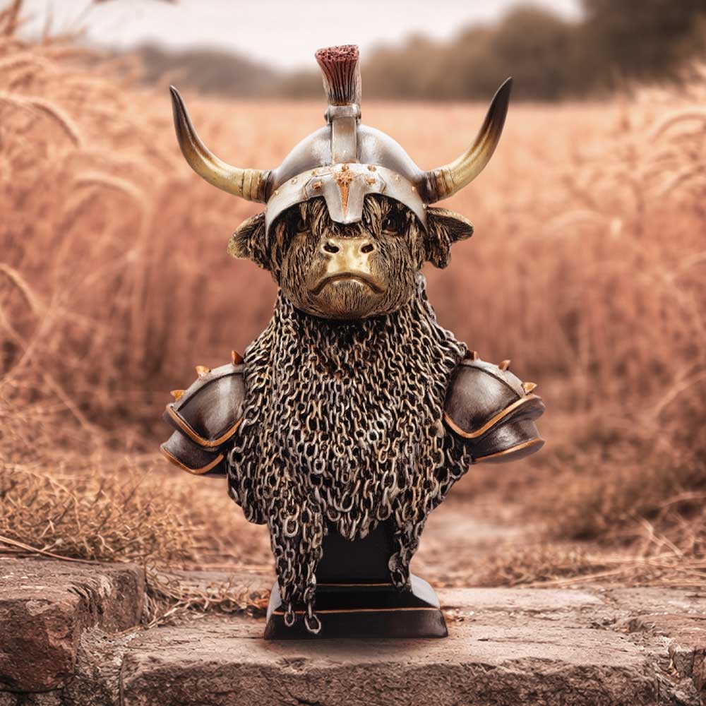Highland Guard Armoured Cow Bust - armoured Highland cow bust in a countryside display