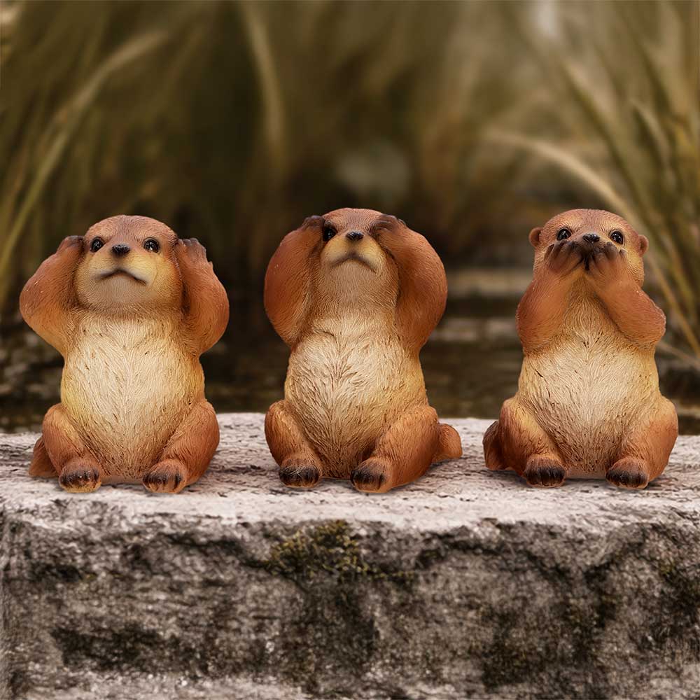 Three Wise Otters figurine set by Nemesis Now with three hand-painted otters performing See No Evil, Hear No Evil and Speak No Evil poses
