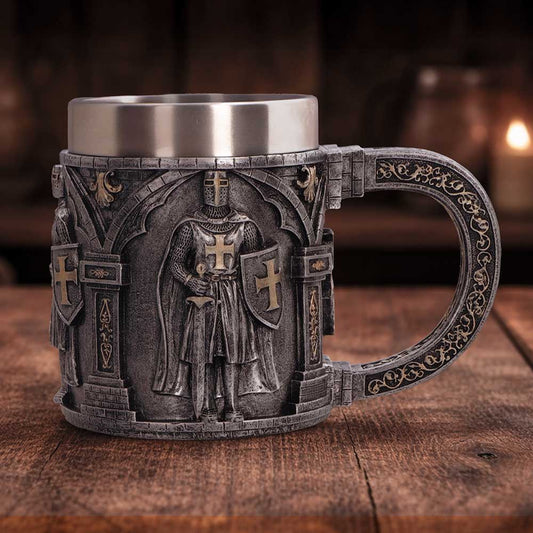 Silver Knight Tankard Small - silver-grey knight tankard on a wooden display