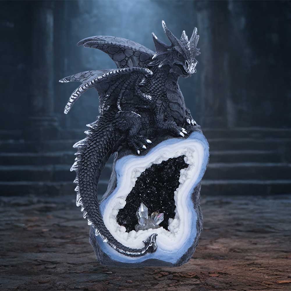 Shadow Crystal Keeper Black Dragon Figurine - dragon on geode-effect base in a fantasy setting