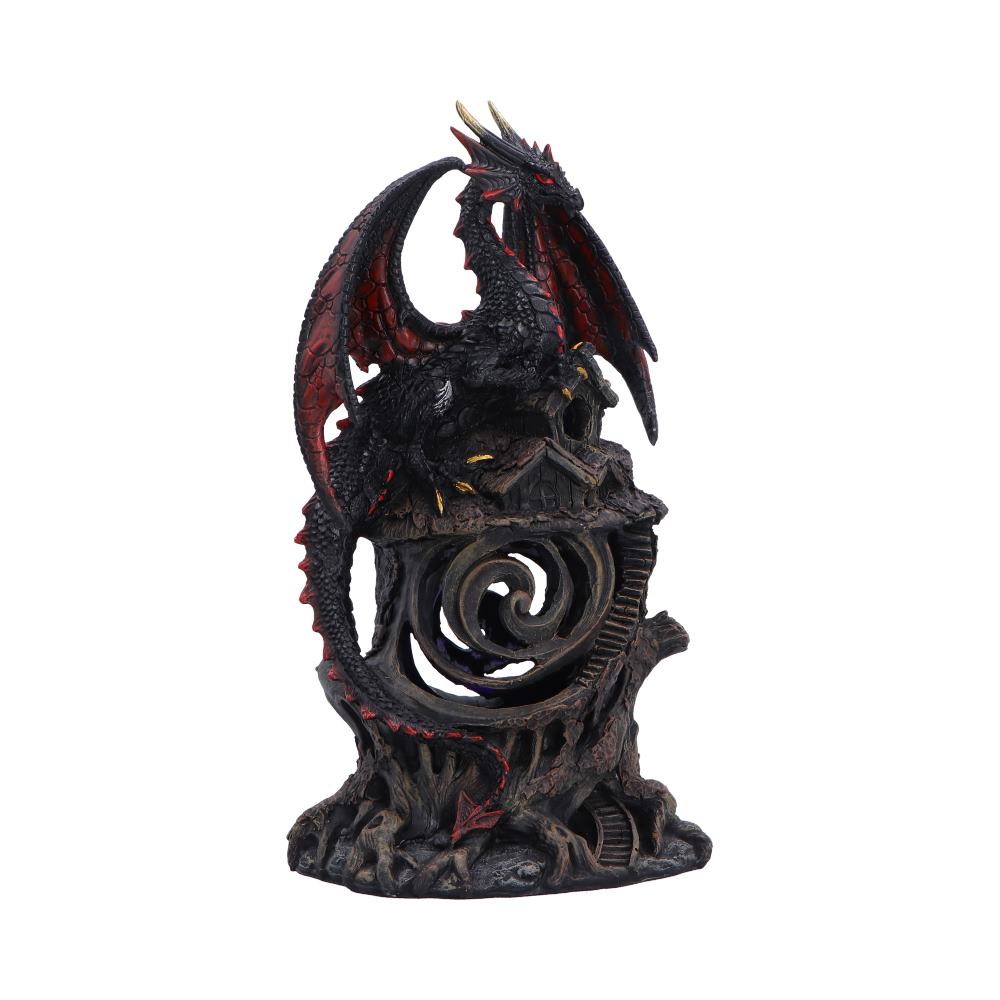 Midnight Warden Light-Up Dragon Figurine - front showing red-edged wings above hollow treehouse