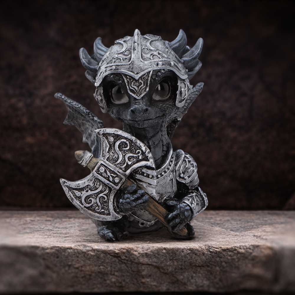 Sir Axewing Armoured Dragon Figurine - axe-bearing dragon knight on a stone display