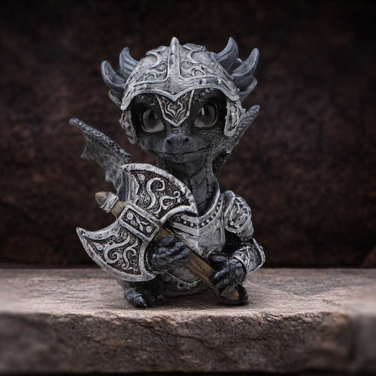 Sir Axewing Armoured Dragon Figurine - axe-bearing dragon knight on a stone display