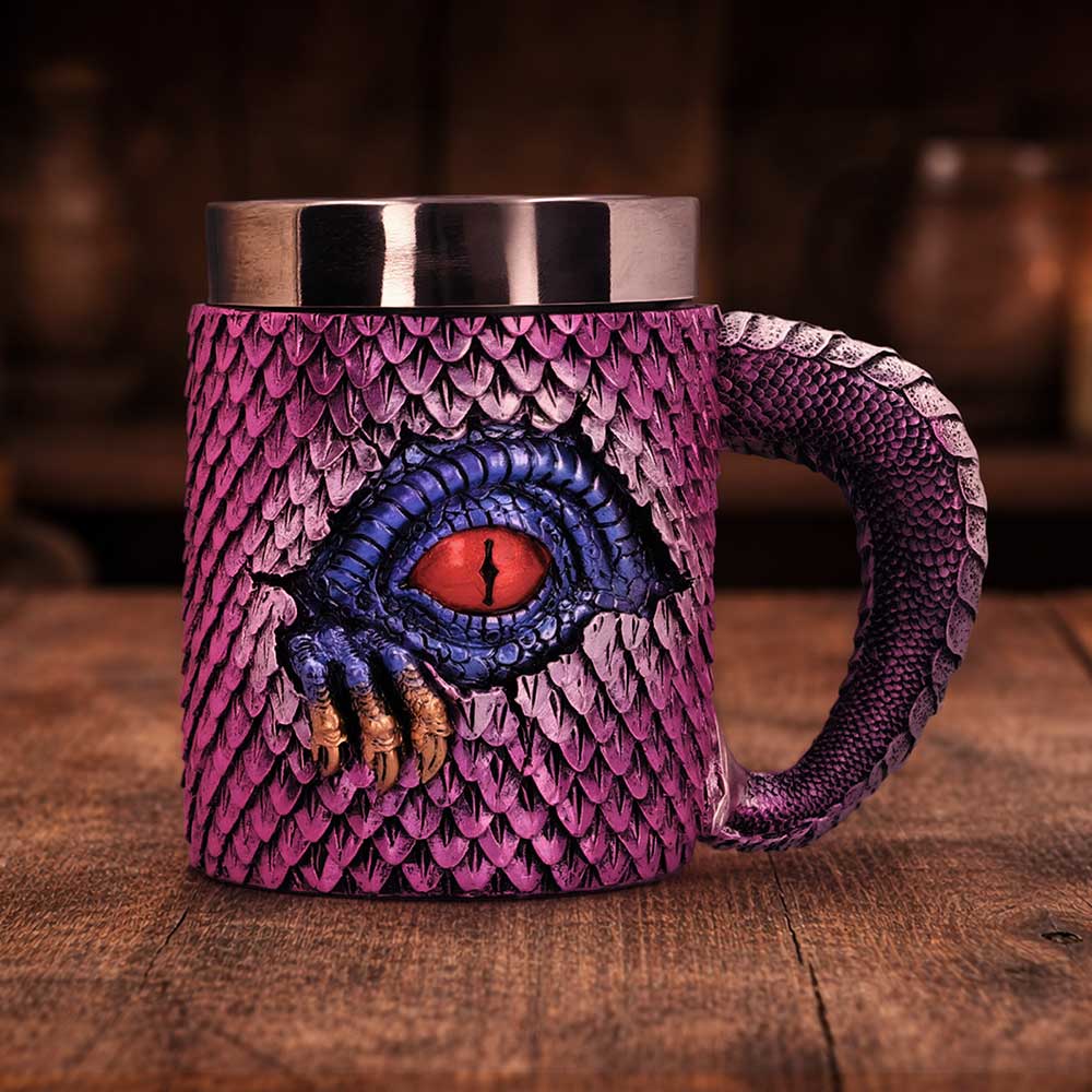 Watchers Thirst Dragon Tankard Small - purple scaled tankard on a wooden display