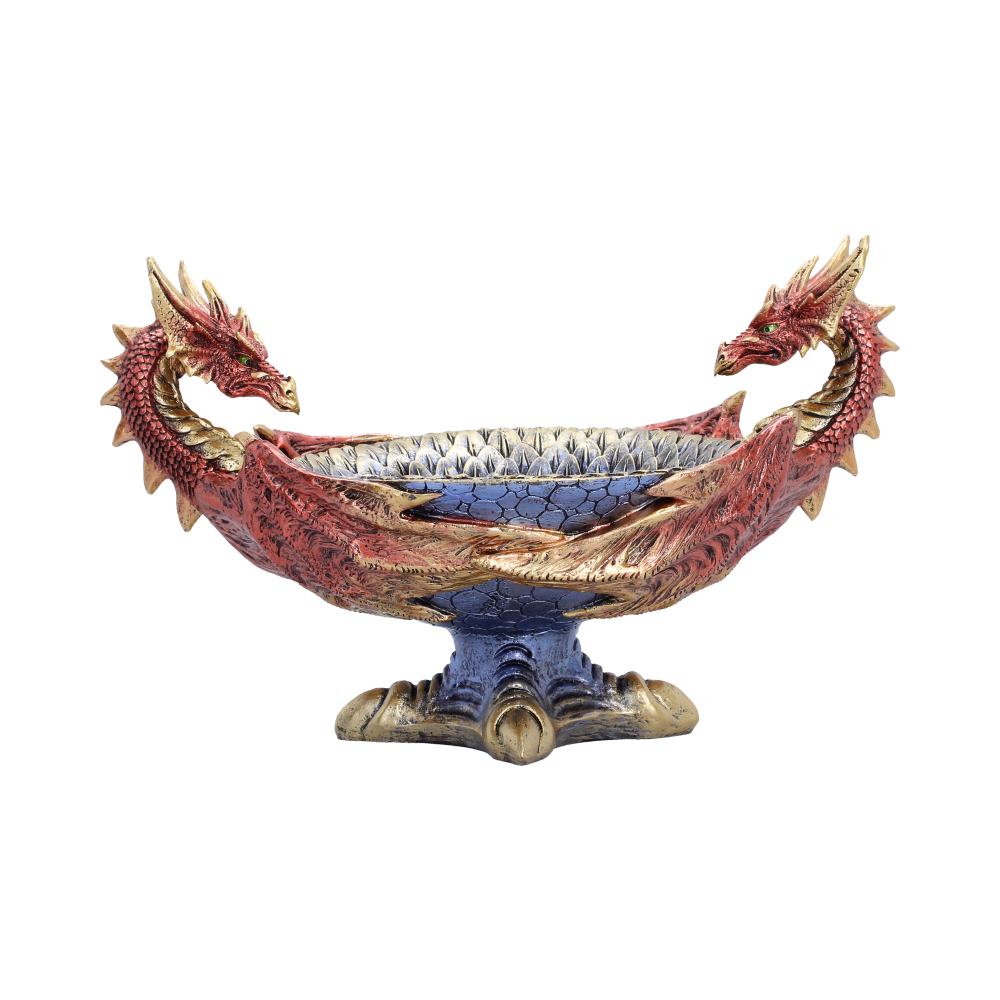 Scaled Hoard Red Dragon Decorative Bowl - rear showing red scales and blue pedestal