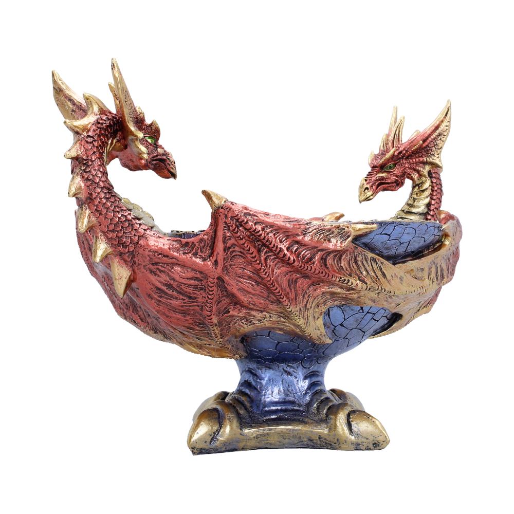 Scaled Hoard Red Dragon Decorative Bowl - alternate angle of facing dragons and gold-toned edges