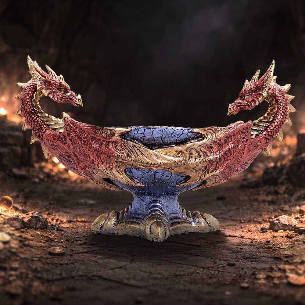 Scaled Hoard Red Dragon Decorative Bowl - paired dragon bowl in a fantasy display