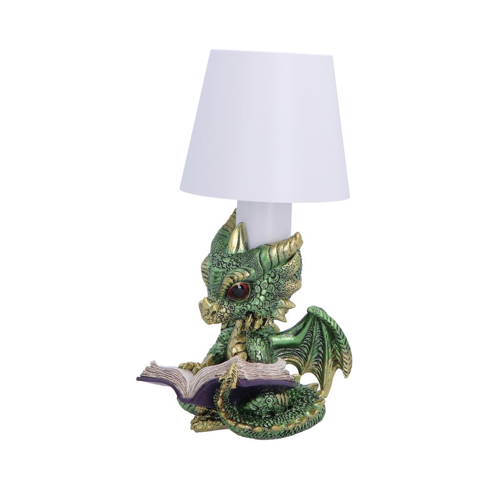 Bookwyrm Green Dragon Touch Lamp - side showing dragon head above open book