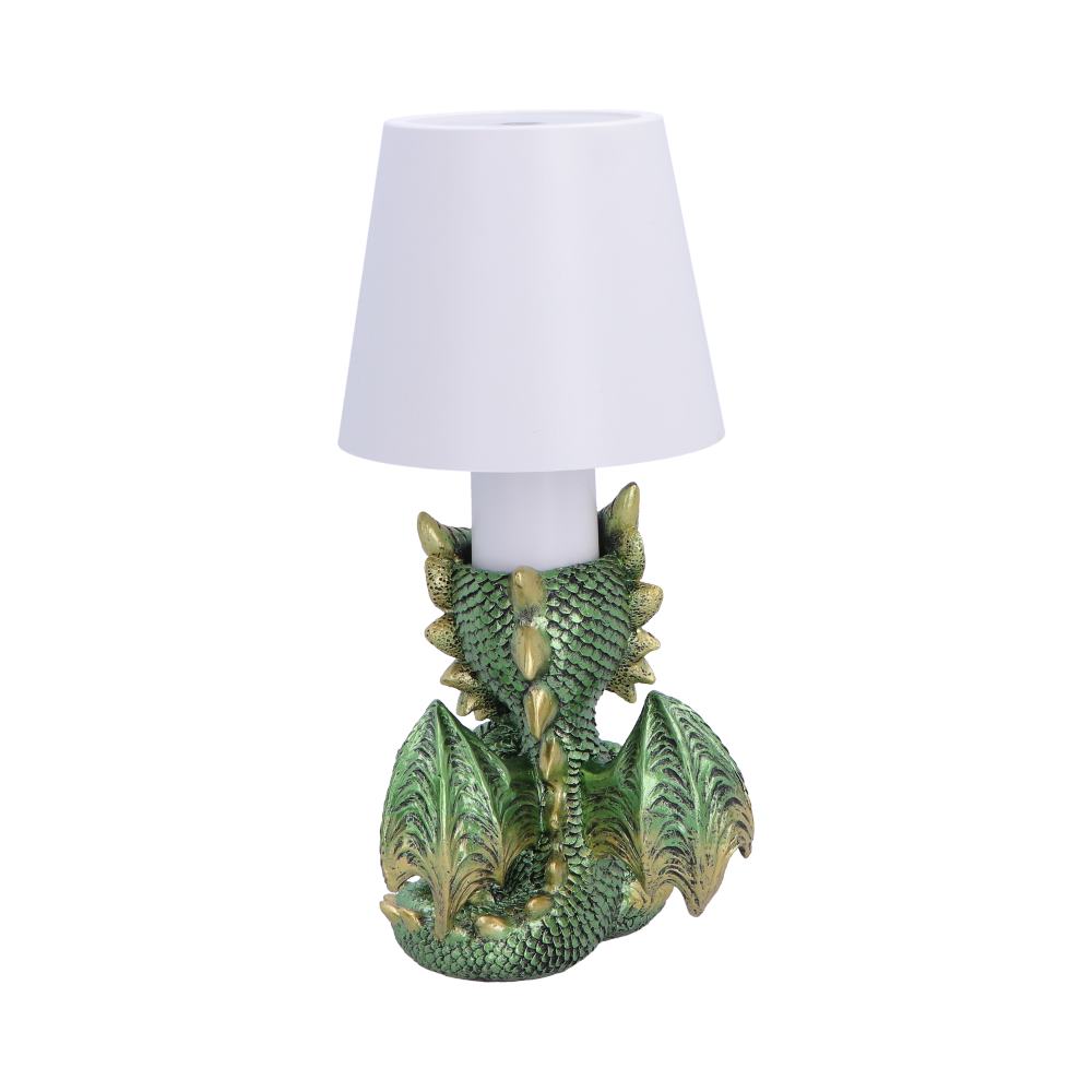 Bookwyrm Green Dragon Touch Lamp - rear with dragon wings and curled tail beneath shade