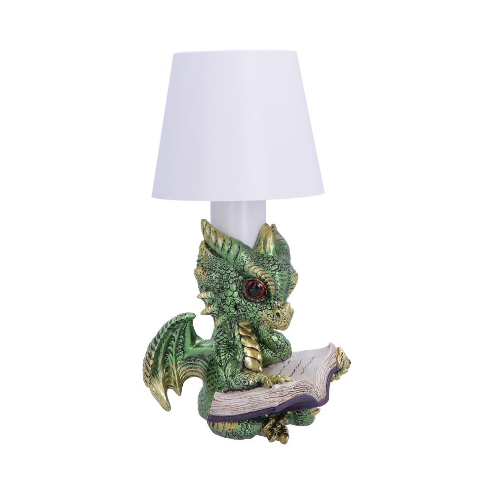 Bookwyrm Green Dragon Touch Lamp - angled open book and gold-accented green scales